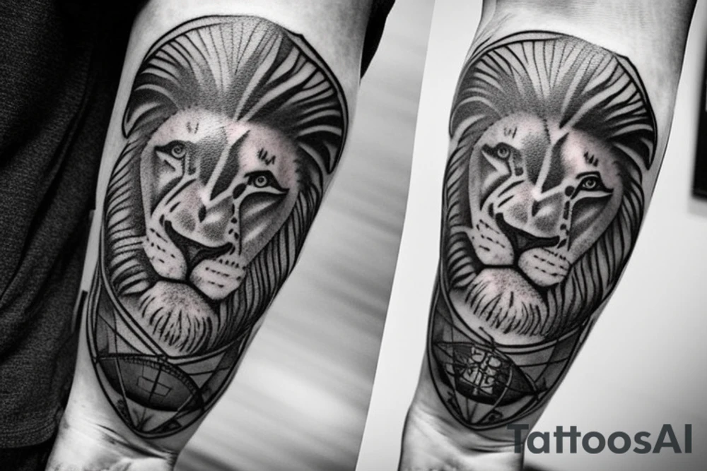 Sleeve with lion on shoulder and broken compass on forearm with spilled ink on map maybe some rope tattoo idea