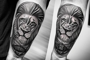 Sleeve with lion on shoulder and broken compass on forearm with spilled ink on map maybe some rope tattoo idea