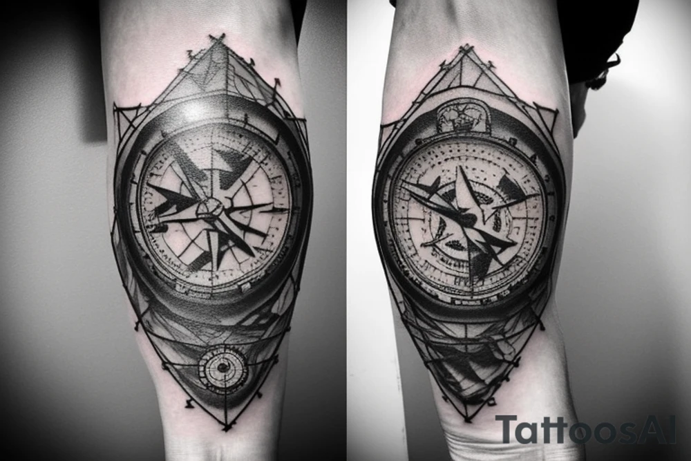 Sleeve with lion on shoulder and broken compass on forearm with spilled ink on an old school map maybe some rope tattoo idea
