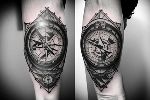 Sleeve with lion on shoulder and broken compass on forearm with spilled ink on an old school map maybe some rope tattoo idea