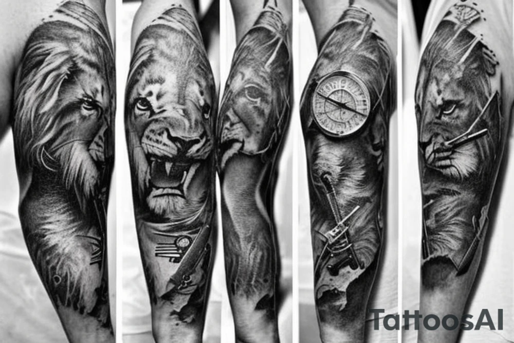 Full Sleeve with lion on shoulder and broken compass on forearm with spilled ink on an old school map maybe some rope tattoo idea