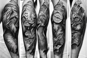 Full Sleeve with lion on shoulder and broken compass on forearm with spilled ink on an old school map maybe some rope tattoo idea