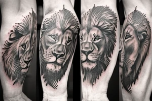 Full Sleeve with lion on shoulder and broken compass on forearm with spilled ink on an old school map maybe some rope tattoo idea
