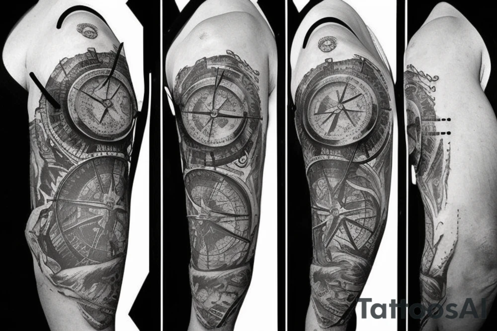 Full Sleeve with lion on shoulder and broken compass on forearm with spilled ink on an old school map maybe some rope tattoo idea