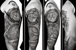 Full Sleeve with lion on shoulder and broken compass on forearm with spilled ink on an old school map maybe some rope tattoo idea