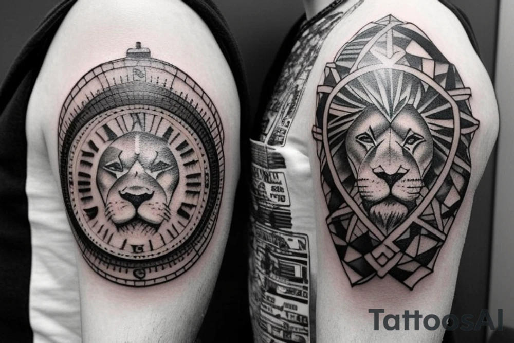 Full Sleeve with lion on shoulder and broken compass on forearm with spilled ink on an old school map maybe some rope tattoo idea