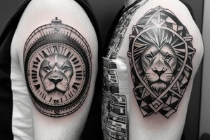Full Sleeve with lion on shoulder and broken compass on forearm with spilled ink on an old school map maybe some rope tattoo idea