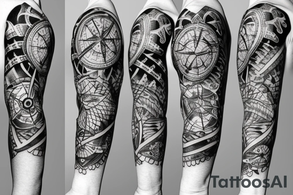 Sleeve with compass and lion tattoo idea