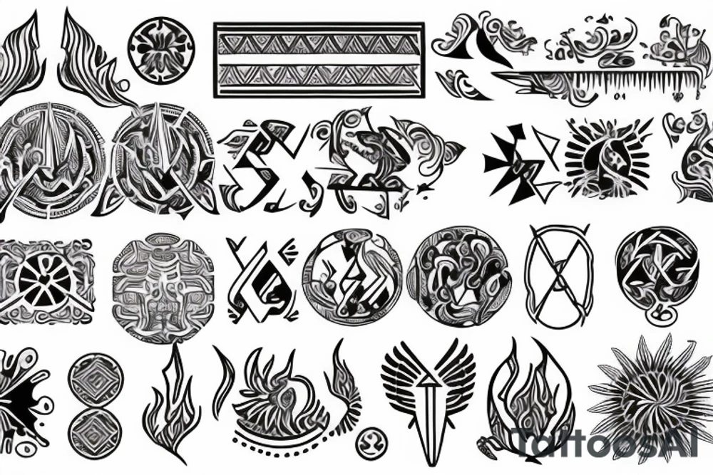 ukrainian pattern and incorporate motifs for fire, earth, water, air? tattoo idea