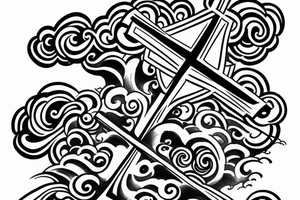 Heavenly cross with clouds and time clock tattoo idea