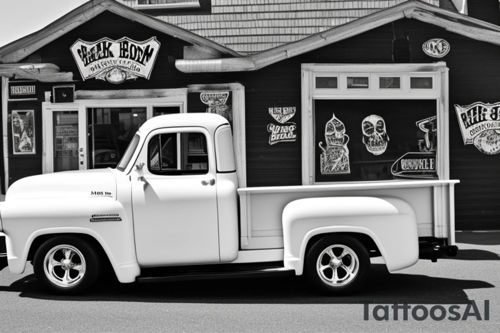 a black white 1953 GMC pickup truck parked in front of a red barn tattoo idea