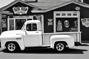 a black white 1953 GMC pickup truck parked in front of a red barn tattoo idea