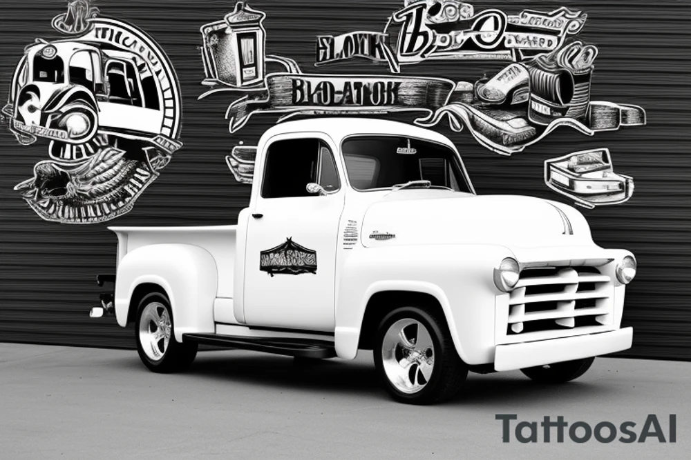 a black white 1953 GMC pickup truck parked in front of a red barn tattoo idea