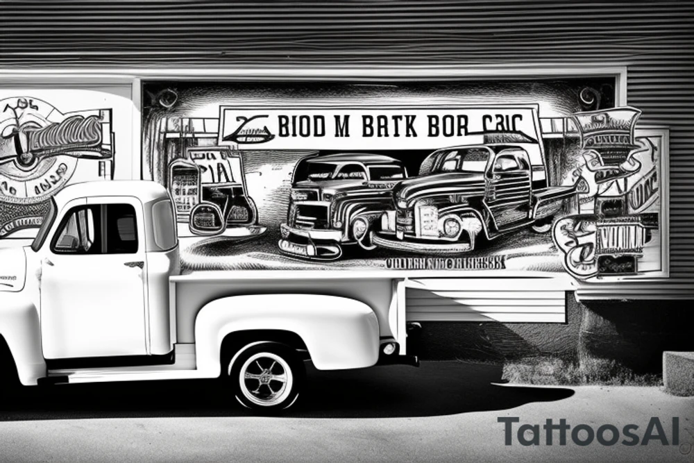 a black white 1953 GMC pickup truck parked in front of a red barn tattoo idea