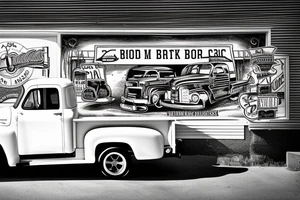 a black white 1953 GMC pickup truck parked in front of a red barn tattoo idea