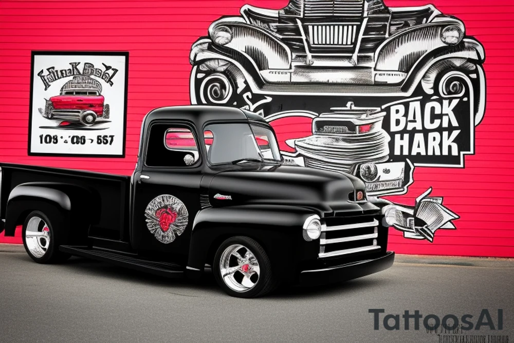 a black white 1953 GMC pickup truck parked in front of a red barn tattoo idea