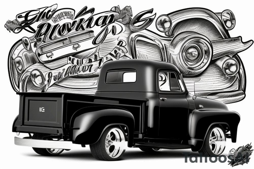 a black white 1953 GMC pickup truck parked in front of a red country barn tattoo idea