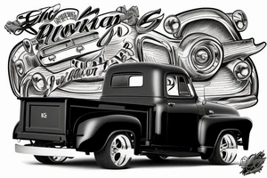 a black white 1953 GMC pickup truck parked in front of a red country barn tattoo idea