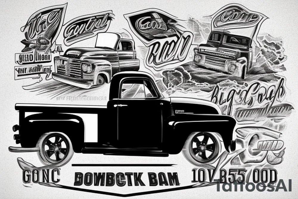 a black white 1953 GMC pickup truck parked in front of a red country barn tattoo idea