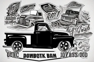 a black white 1953 GMC pickup truck parked in front of a red country barn tattoo idea