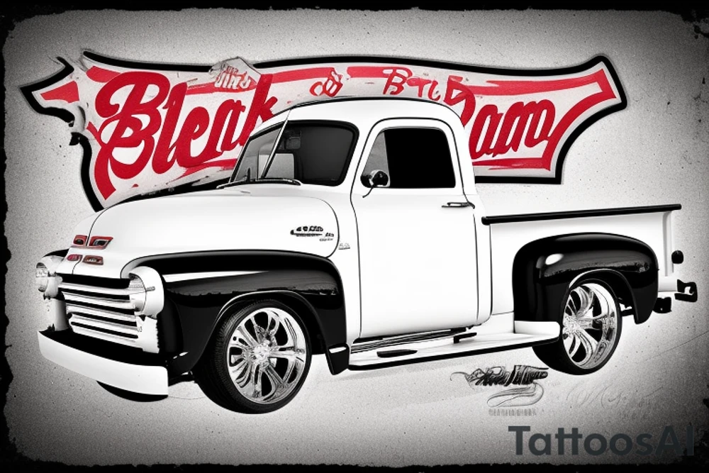a black white 1953 GMC pickup truck parked in front of a red country barn tattoo idea
