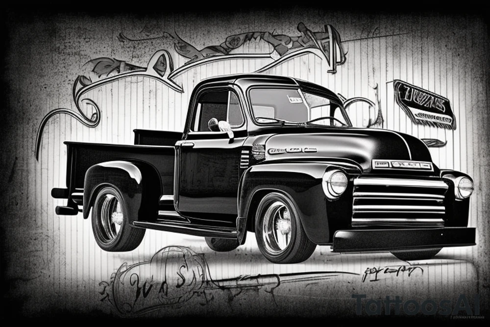 a black white 1953 GMC pickup truck parked in front of a red country barn tattoo idea