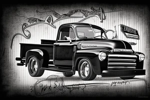 a black white 1953 GMC pickup truck parked in front of a red country barn tattoo idea