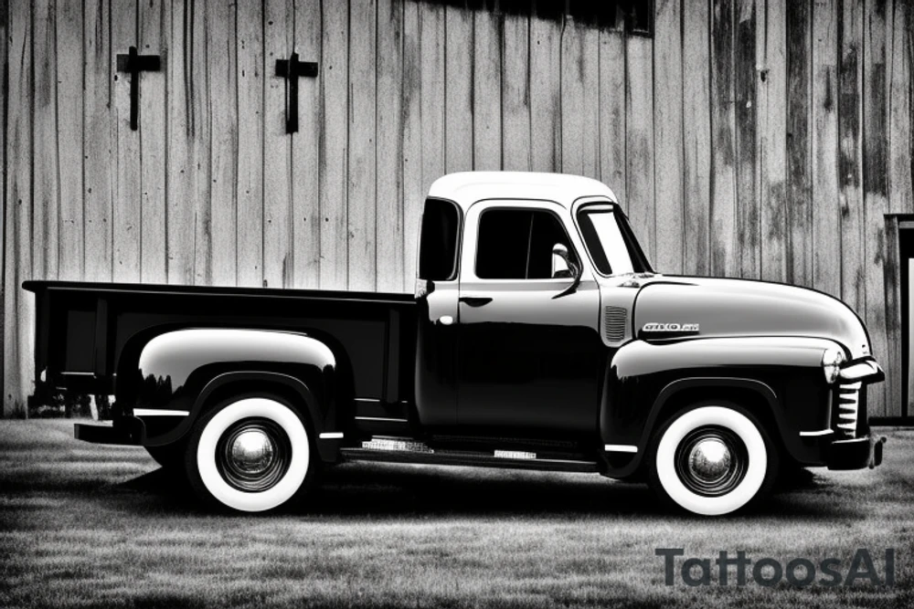 a black white 1953 GMC farm
 truck parked in front of a red country barn tattoo idea