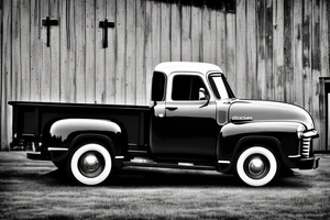 a black white 1953 GMC farm
 truck parked in front of a red country barn tattoo idea