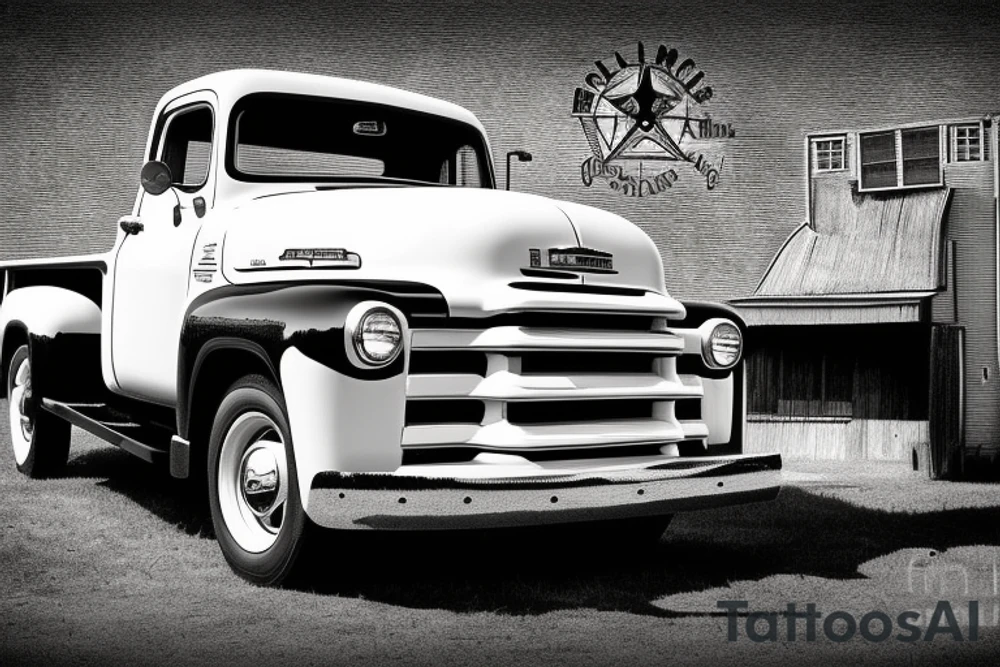 a black white 1953 GMC farm
 truck parked in front of a red country barn tattoo idea