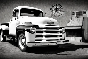 a black white 1953 GMC farm
 truck parked in front of a red country barn tattoo idea
