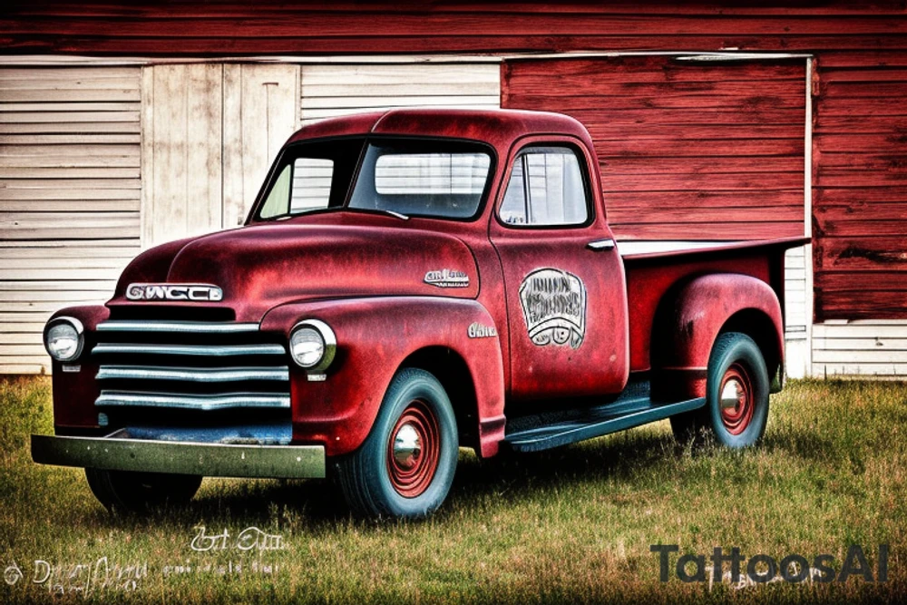 a rustic 1953 GMC farm
 truck parked in front of a red country barn tattoo idea