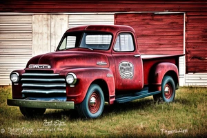 a rustic 1953 GMC farm
 truck parked in front of a red country barn tattoo idea