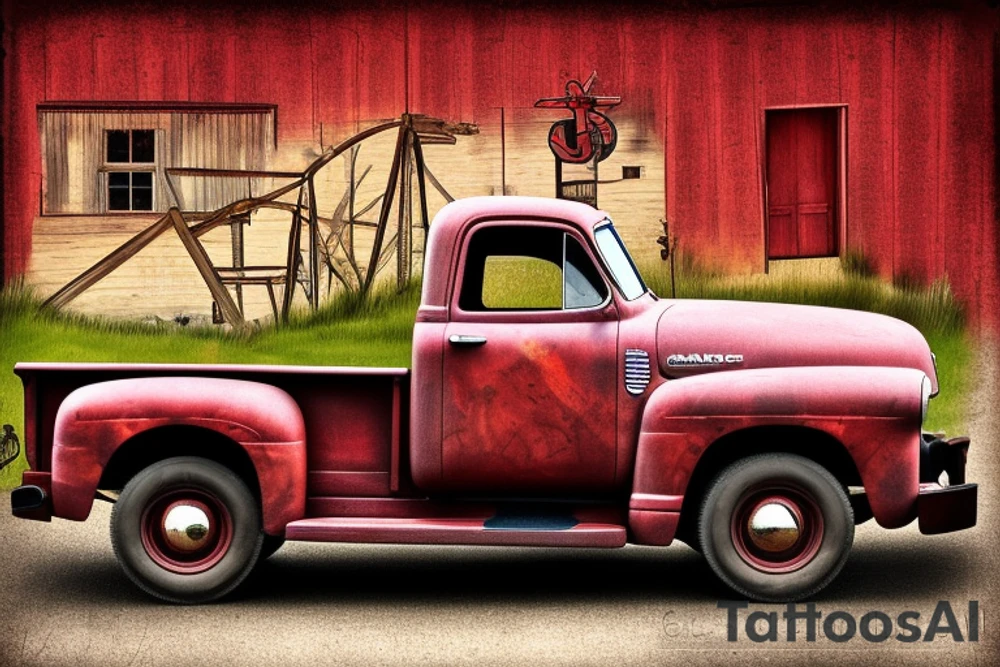 a rustic 1953 GMC farm
 truck parked in front of a red country barn tattoo idea