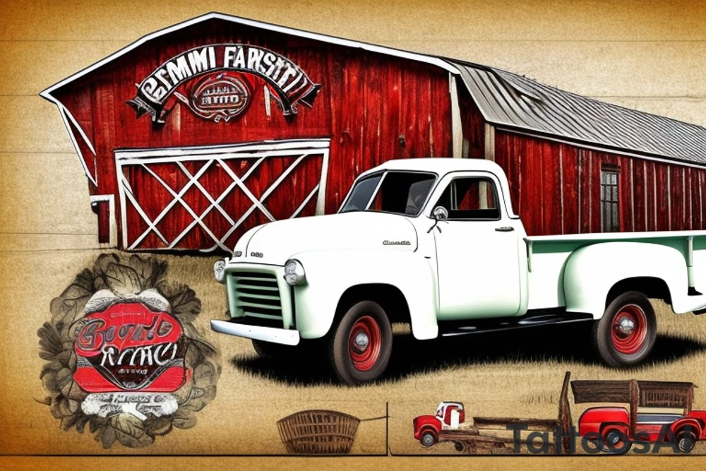 a rustic 1953 GMC farm
 truck with a red country barn in the background tattoo idea