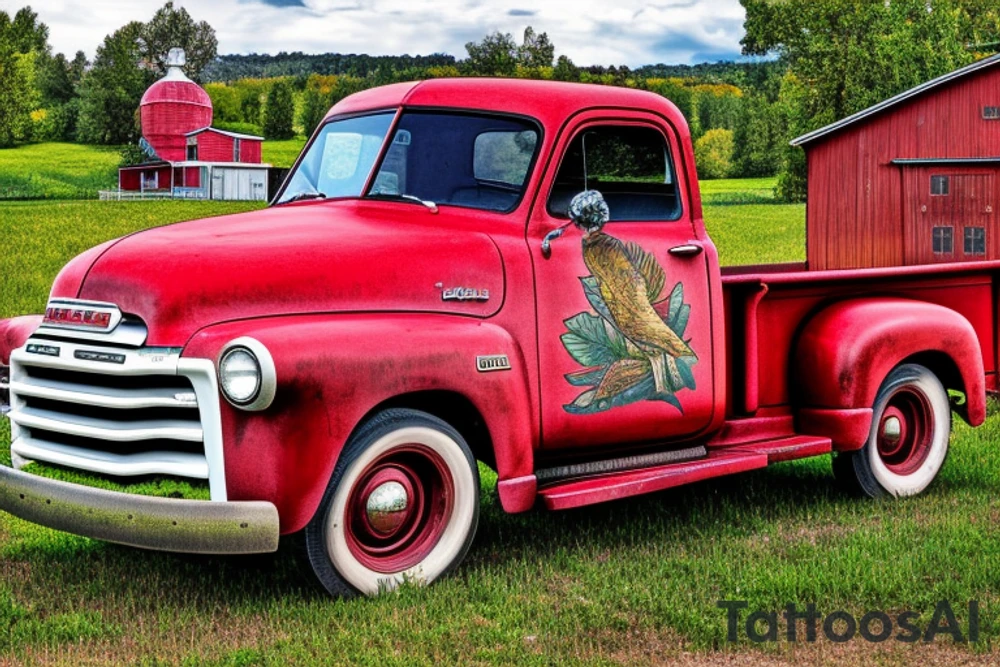a rustic 1953 GMC 5th window farm
truck with a red country barn in the background tattoo idea