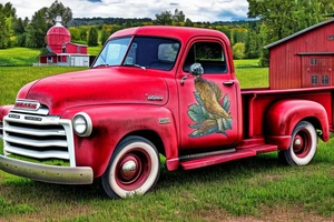 a rustic 1953 GMC 5th window farm
truck with a red country barn in the background tattoo idea