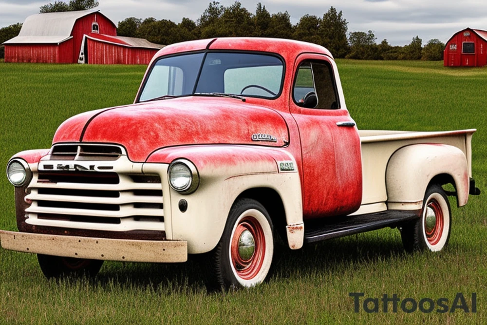 a rustic 1953 GMC 5th window farm
truck with a red country barn in the background tattoo idea