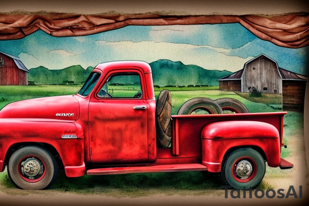 a rustic 1953 GMC 5th window farm
truck with a red country barn in the background tattoo idea