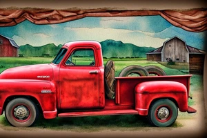 a rustic 1953 GMC 5th window farm
truck with a red country barn in the background tattoo idea