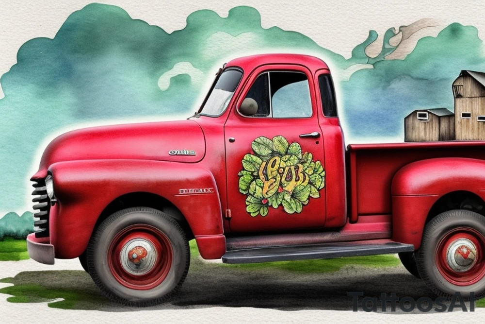 a rustic 1953 GMC 5th window farm
truck with a red country barn in the background tattoo idea