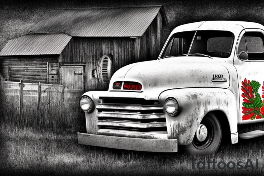 a rustic 1953 GMC 5th window farm
truck with a red country barn in the background tattoo idea
