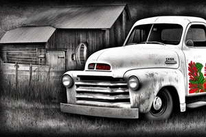 a rustic 1953 GMC 5th window farm
truck with a red country barn in the background tattoo idea