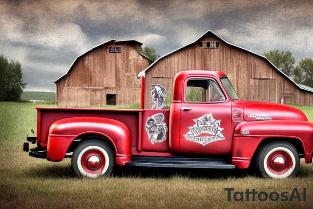 a rustic 1953 GMC 5th window farm
truck with a red country barn in the background tattoo idea