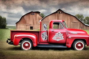 a rustic 1953 GMC 5th window farm
truck with a red country barn in the background tattoo idea