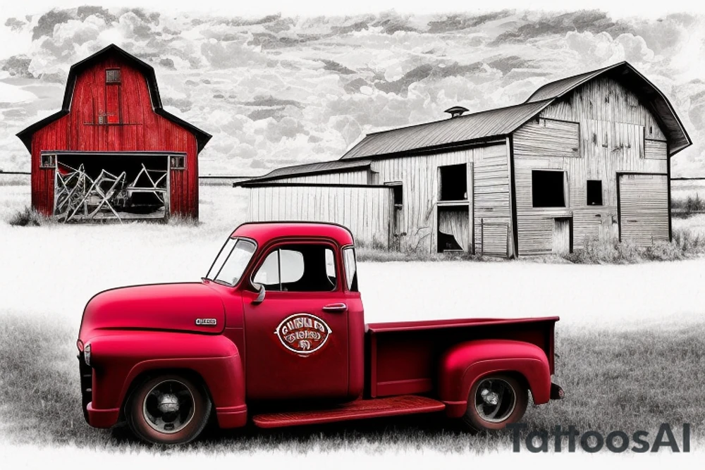 a rustic 1953 GMC 5th window farm
truck with a red country barn in the background tattoo idea