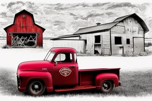 a rustic 1953 GMC 5th window farm
truck with a red country barn in the background tattoo idea