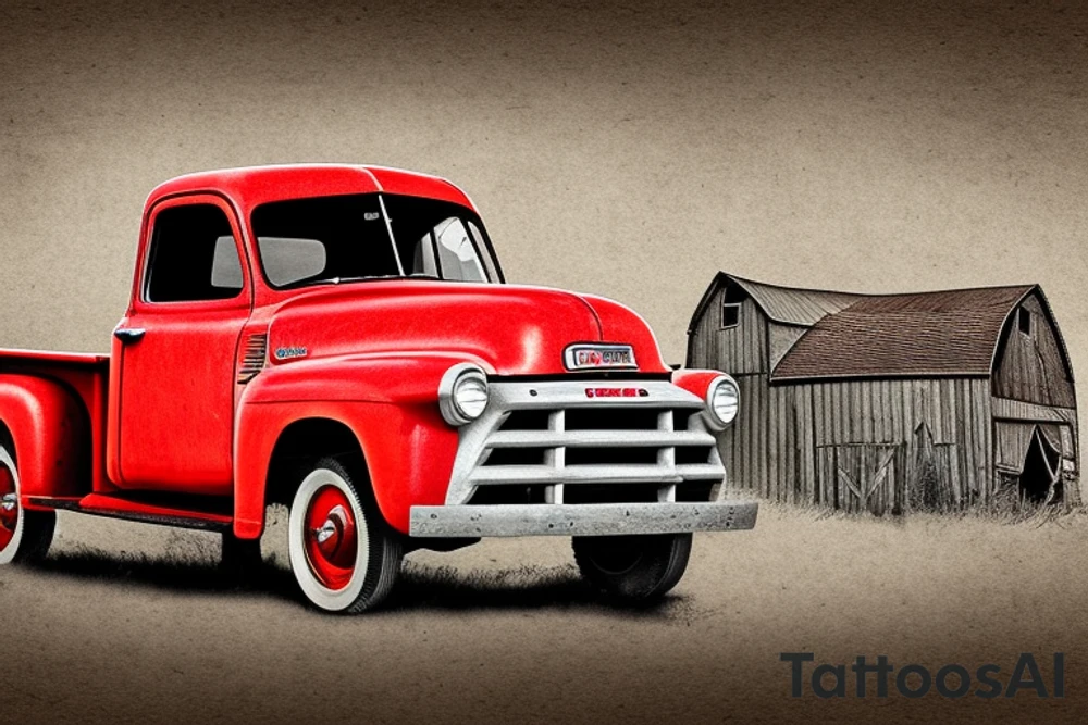 a rustic 1953 GMC 5th window farm
truck with a red country barn in the background tattoo idea