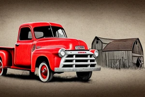 a rustic 1953 GMC 5th window farm
truck with a red country barn in the background tattoo idea