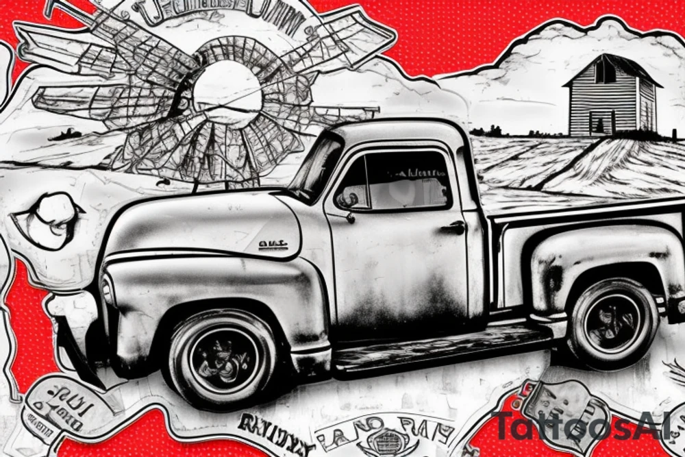 a rustic 1953 GMC 5th window farm
truck with a red country barn and old broken windmill in the background tattoo idea